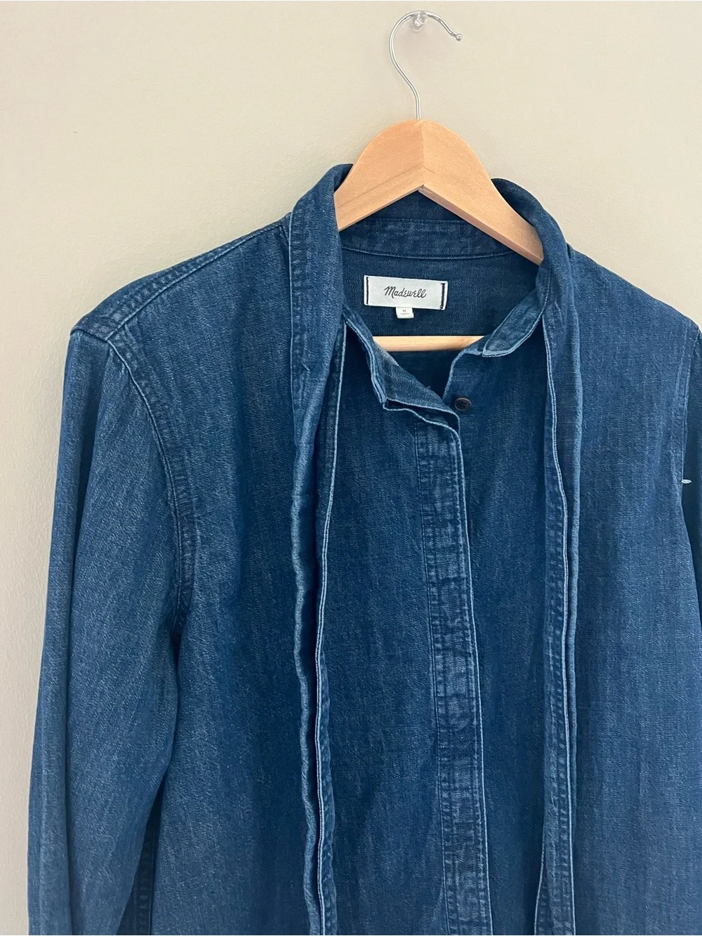 Madewell Tie-Neck Chambray Denim Button-Down Shirt Blouse Medium Blue Stretch - Picture 5 of 14